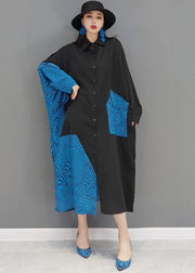 French Black Blue Peter Pan Collar Pockets Patchwork Cotton Loose Shirt Dresses Long Sleeve