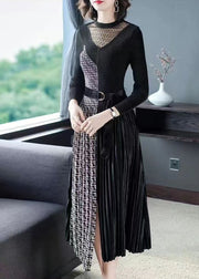 French Black Cinched Patchwork Side Open Silk Velour Maxi Dress Spring