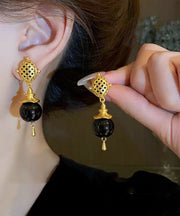 French Black Copper Alloy Gem Stone Enamel Drop Earrings