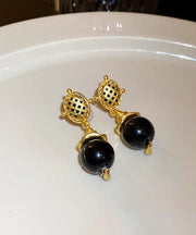 French Black Copper Alloy Gem Stone Enamel Drop Earrings