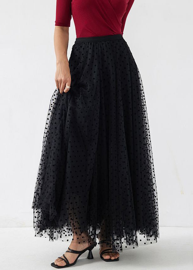 French Black Dot Elastic Waist Tulle Maxi Skirts Spring