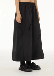 French Black Elastic Waist Ripped Cotton Wide Leg Crop Pants Summer