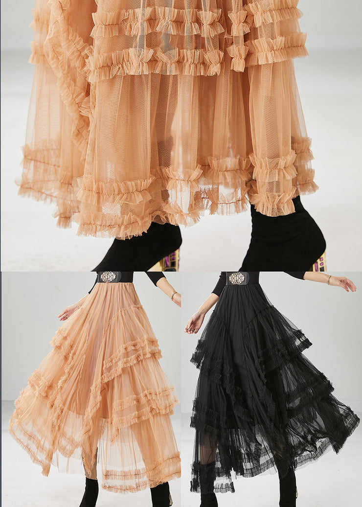 French Black Elastic Waist Ruffled Tulle A Line Skirt Fall