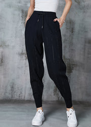 French Black Elastic Waist Zircon Striped Knit Pants Spring