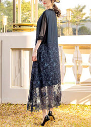 French Black Embroidered Hollow Out Silk Long Dress Summer