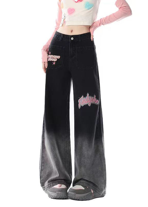 French Black Embroidered Pockets Denim Straight Pants Fall