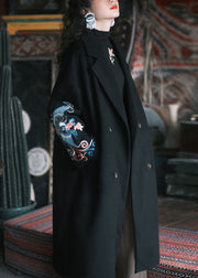 French Black Embroideried Pockets Woolen Trench Winter