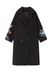 French Black Embroideried Pockets Woolen Trench Winter