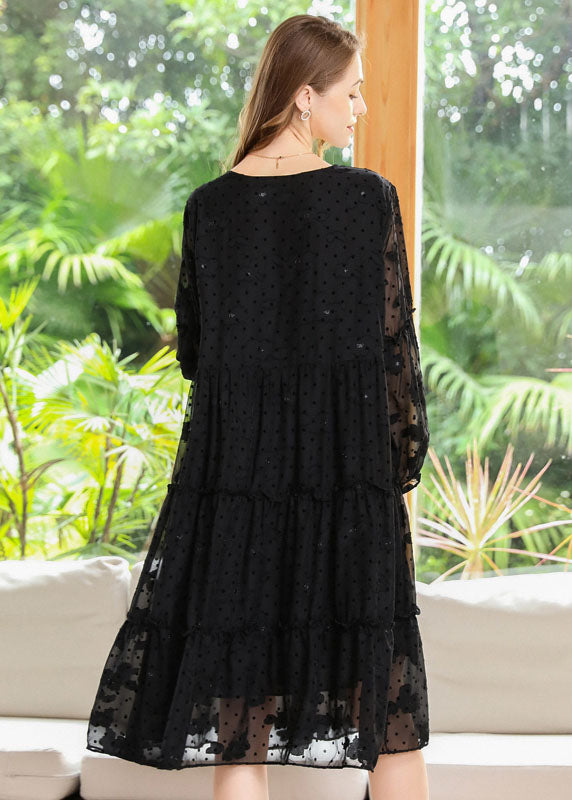 French Black Embroideried Ruffled Hollow Out Chiffon Dresses Spring