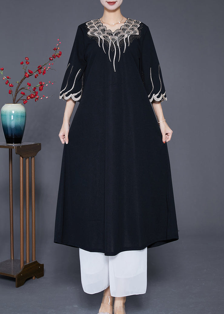 French Black Embroideried Zircon Exra Large Hem Long Dresses Summer