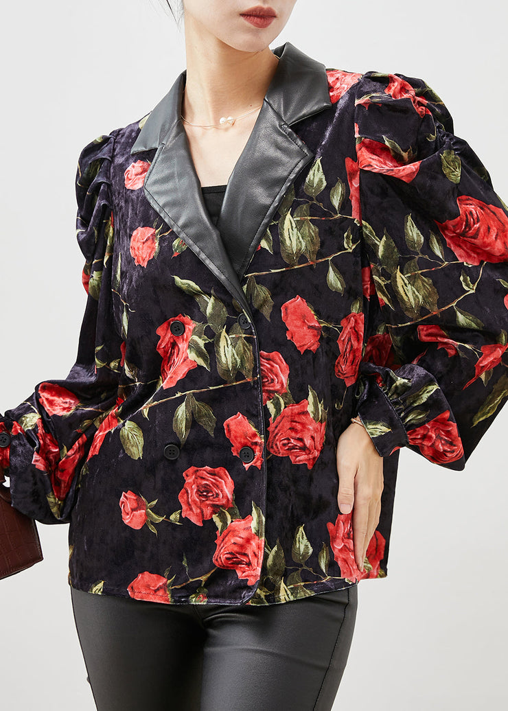 French Black Floral Double Breast Velour Coats Puff Sleeve