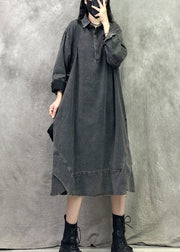French Black Grey Peter Pan Collar Patchwork Denim Long Dresses Spring
