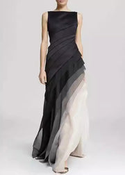 French Black High Waist Patchwork Tulle Maxi Dresses Sleeveless