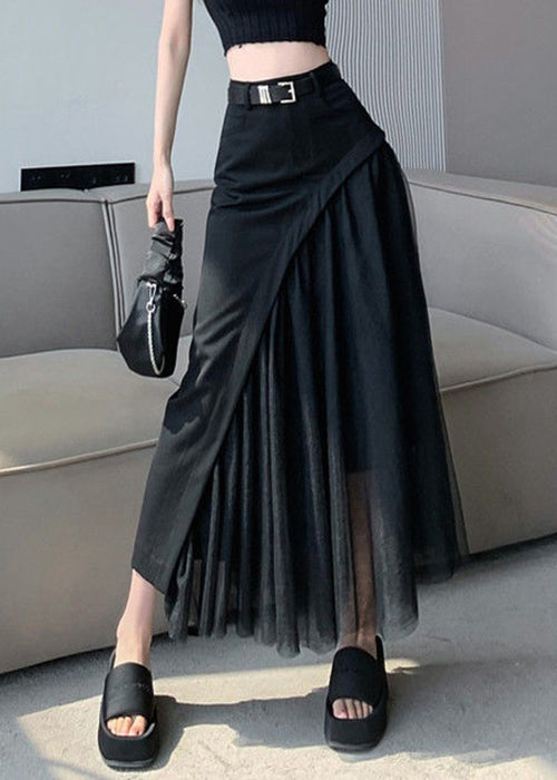 French Black High Waist Patchwork Tulle Skirt Summer