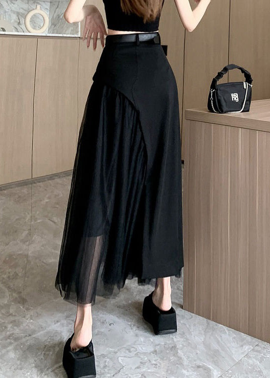 French Black High Waist Patchwork Tulle Skirt Summer