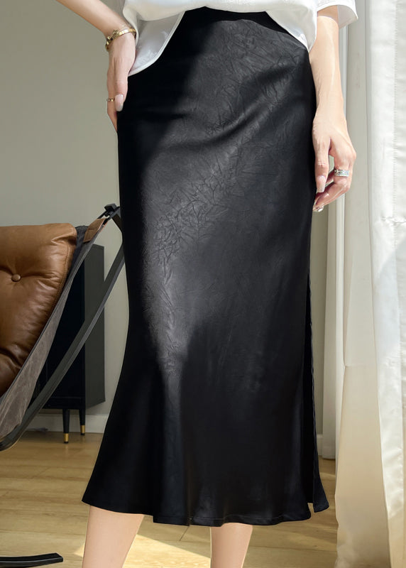 French Black High Waist Silk Maxi Skirts