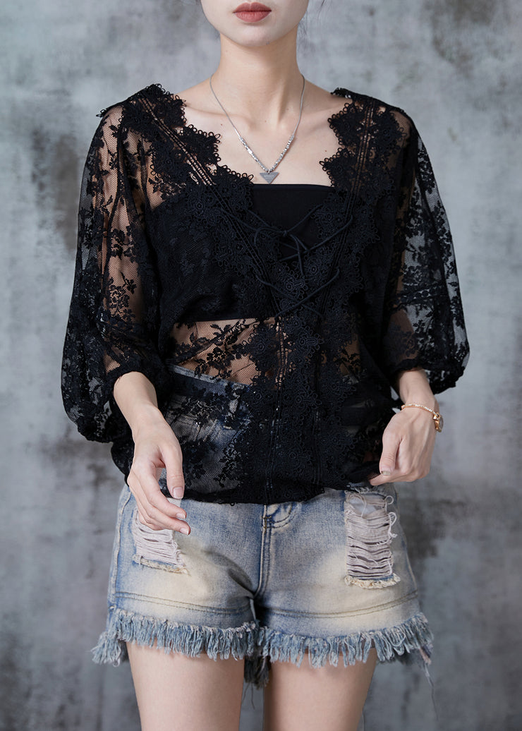 French Black Hollow Out Lace Blouse Tops Summer