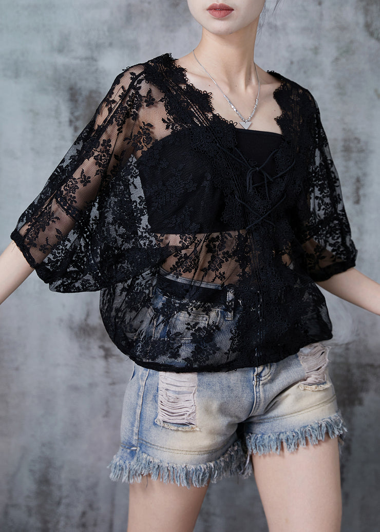 French Black Hollow Out Lace Blouse Tops Summer