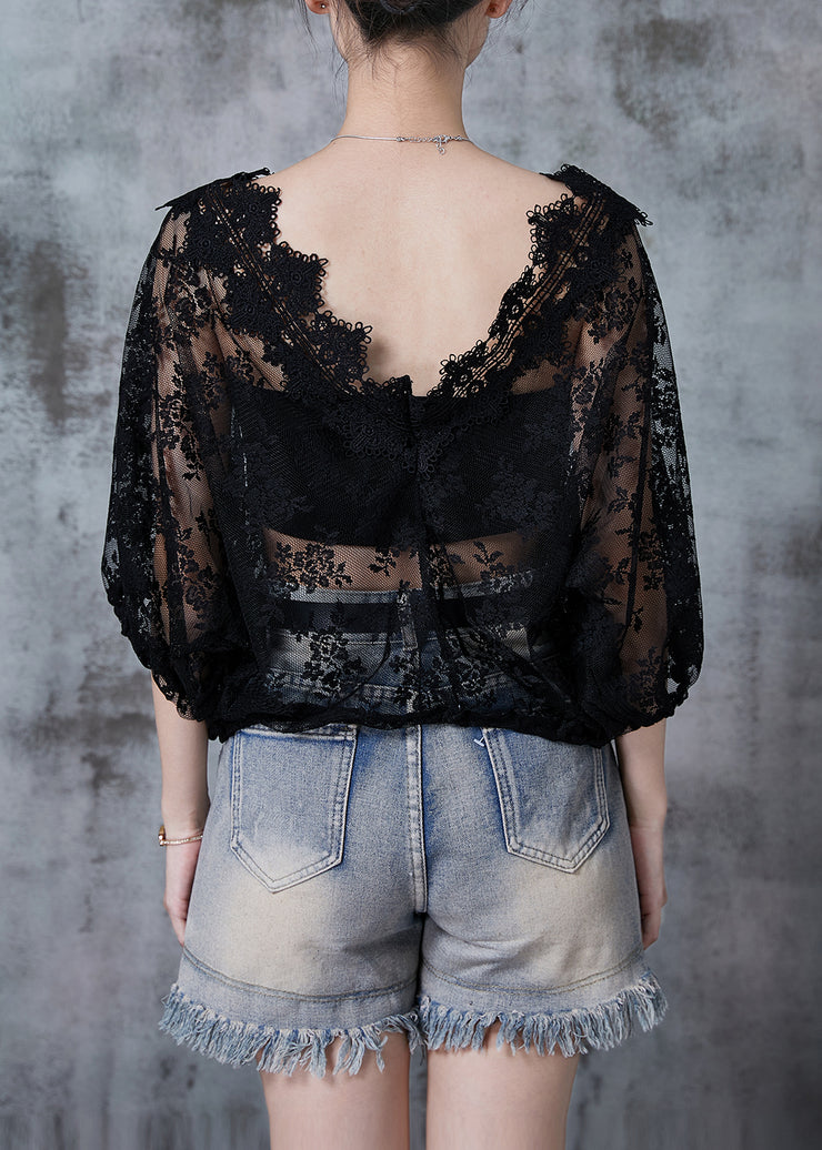 French Black Hollow Out Lace Blouse Tops Summer