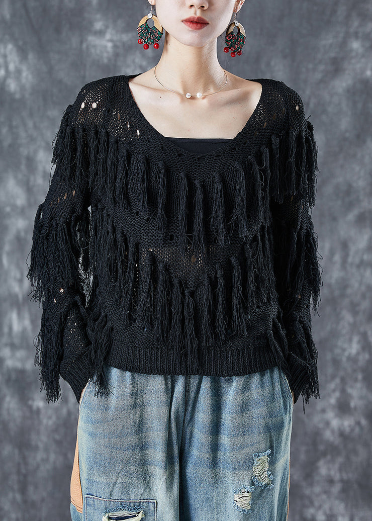 French Black Hollow Out Tassel Knit Top Summer