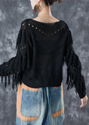 French Black Hollow Out Tassel Knit Top Summer