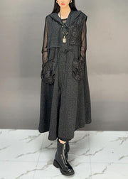 French Black Hooded Button Pockets Woolen Long Waistcoat Sleeveless