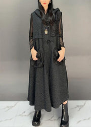 French Black Hooded Button Pockets Woolen Long Waistcoat Sleeveless