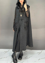 French Black Hooded Button Pockets Woolen Long Waistcoat Sleeveless