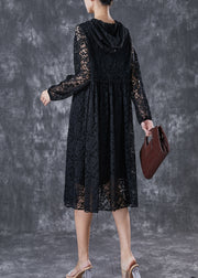 French Black Hooded Hollow Out Lace Maxi Dresses Fall