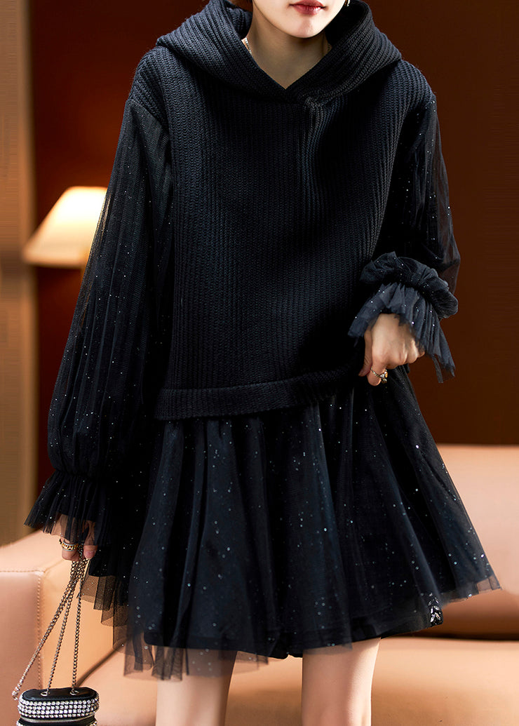 French Black Hooded Sequins Tulle Patchwork Knit Mid Dress Long Sleeve