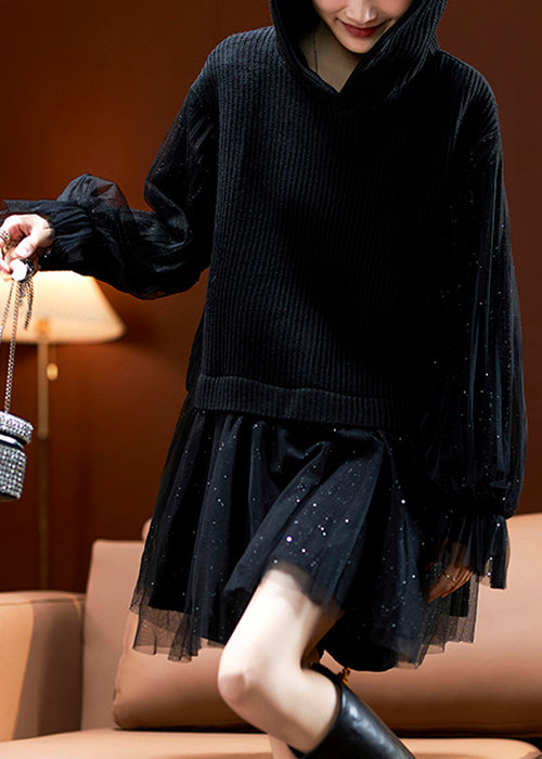 French Black Hooded Sequins Tulle Patchwork Knit Mid Dress Long Sleeve