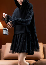 French Black Hooded Sequins Tulle Patchwork Knit Mid Dress Long Sleeve