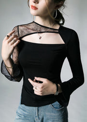 French Black Lace Tulle Patchwork Cotton T Shirt Fall