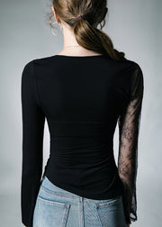 French Black Lace Tulle Patchwork Cotton T Shirt Fall