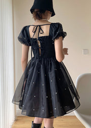 French Black Nail Bead Lace Up Tulle Mid Dress Puff Sleeve