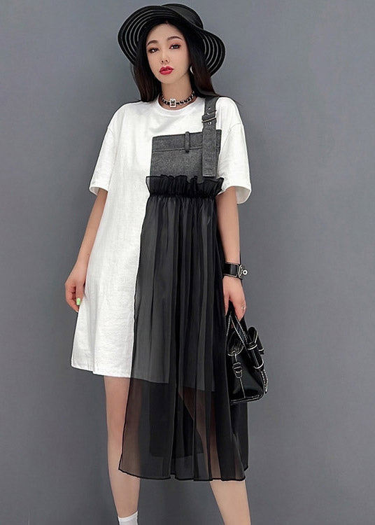 French Black O-Neck Denim Tulle Patchwork Dress Short Sleeve