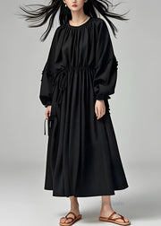 French Black O Neck Drawstring Cotton Long Dress Lantern Sleeve