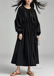 French Black O Neck Drawstring Cotton Long Dress Lantern Sleeve