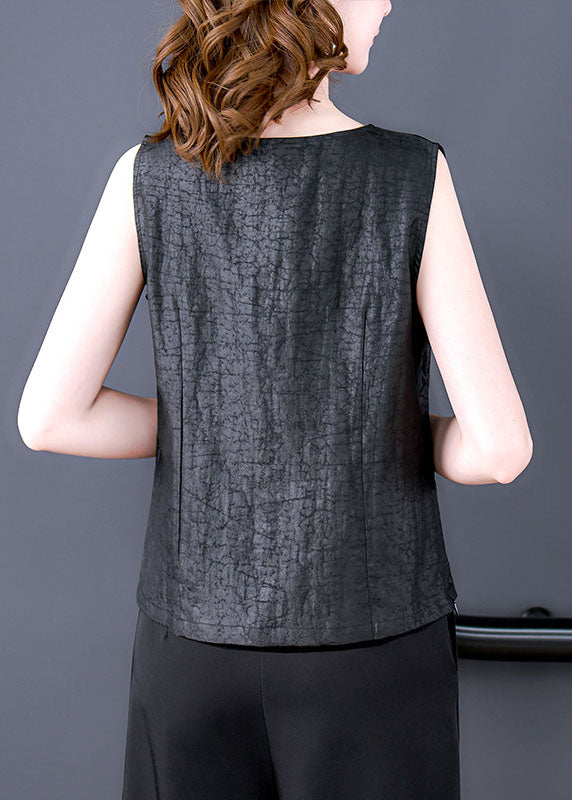 French Black O-Neck Embroideried Patchwork Silk T Shirt Tops Sleeveless