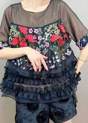 French Black O Neck Embroideried Ruffled Patchwork Tulle Top Summer