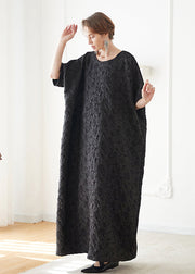 French Black O Neck Jacquard Cotton Robe Vacation Dresses Summer