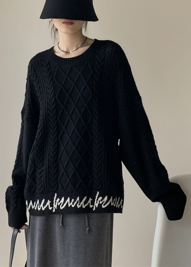 French Black O-Neck Letter Cable Knit Sweaters Winter