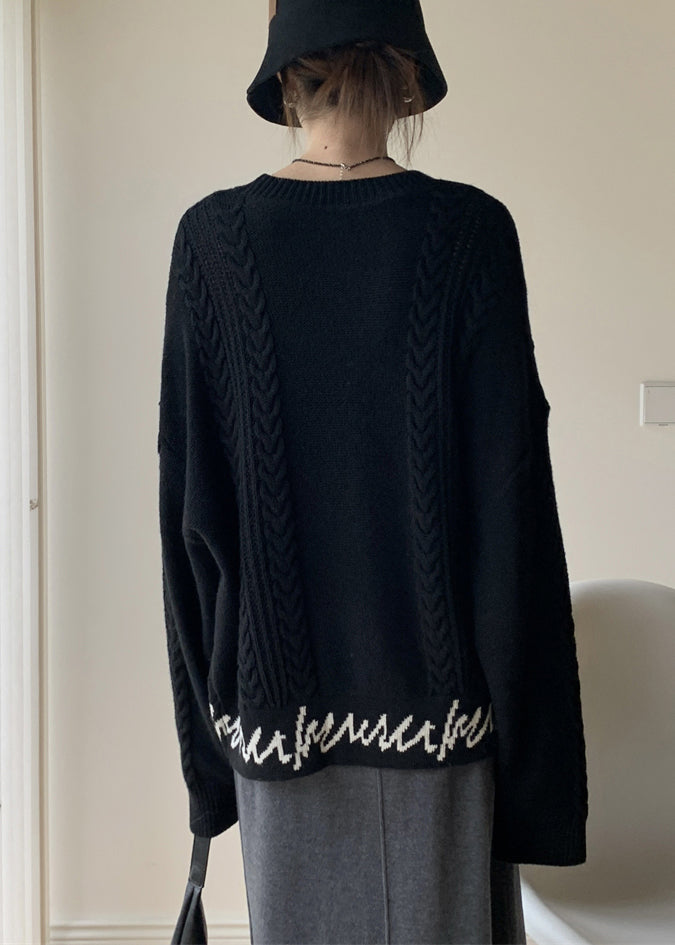 French Black O-Neck Letter Cable Knit Sweaters Winter