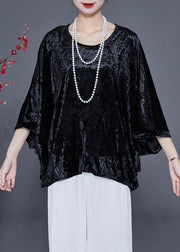 French Black O-Neck Oversized Silk Velour Shirt Tops Batwing Sleeve