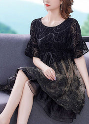 French Black O-Neck Patchwork Organza Cinch Dress Summer