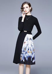 French Black O-Neck Patchwork Print Knit Long Dress Long Sleeve