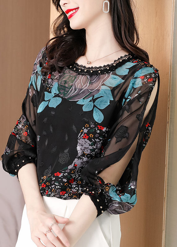 French Black O-Neck Print Lace Patchwork Chiffon Two Pieces Summer