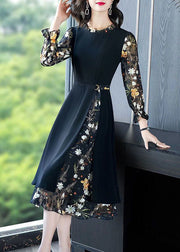 French Black O-Neck Ruffled Patchwork Print Chiffon Long Dress Spring