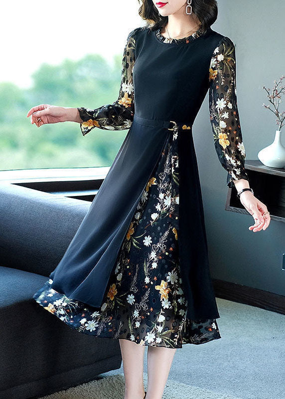 French Black O-Neck Ruffled Patchwork Print Chiffon Long Dress Spring