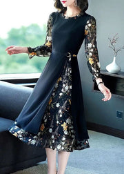 French Black O-Neck Ruffled Patchwork Print Chiffon Long Dress Spring